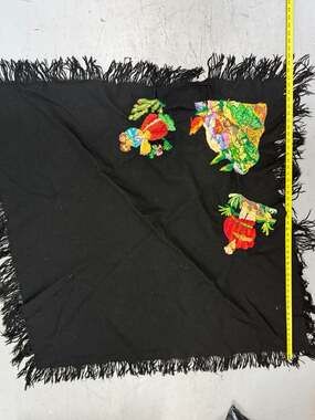 Vintage Peru Hand Embroidered Black Wool Shawl with Fringe Figures and Village S